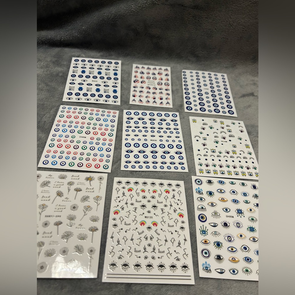 9 Sheets Flower, evil eye, America’s flame 3D Self-Adhesive Nail Decoration